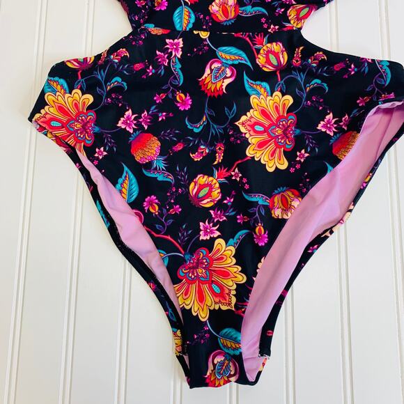Nanette Lepore NWT 1 Piece Swimsuit Floral Black Pink Sz 10 - Picture 5 of 6